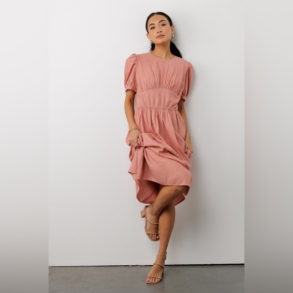 Bohme Linen Blend Cyrus Midi Dress in Pink with Puff Short Sleeves - Picture 2 of 14